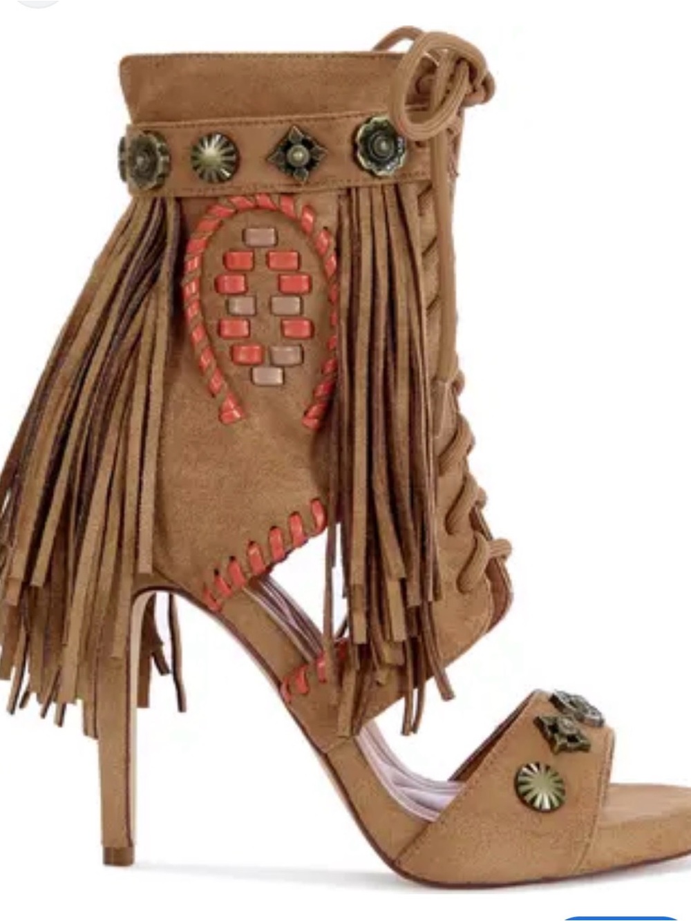Tan Suede Fringe High Heel Sandal with Stud and Braided Accents